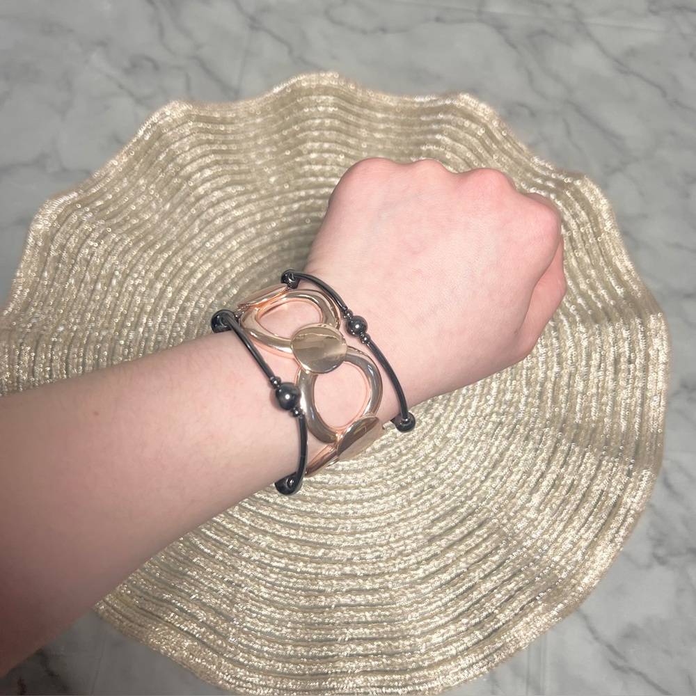 Rose Gold & Gun Metal Color Stretchy Chic 3 Bracelets Stackable Stylish Baddie - Picture 2 of 4